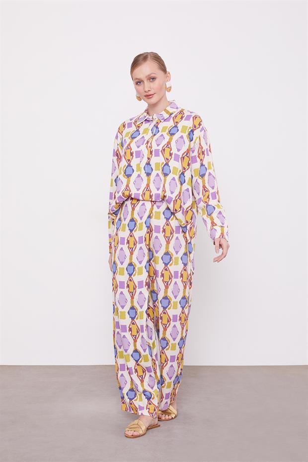 Mor Geometrik Desenli Tunik Takım