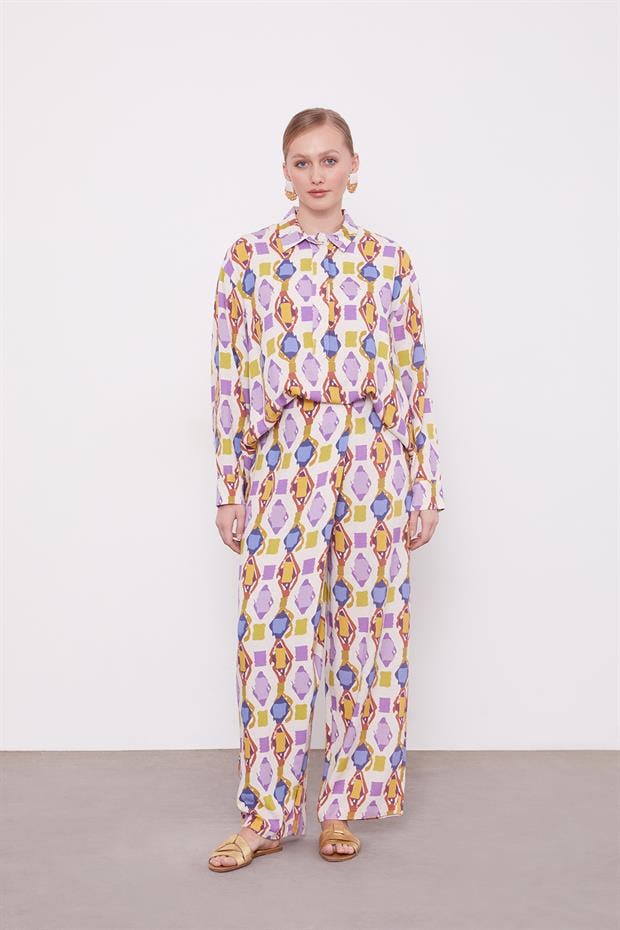Mor Geometrik Desenli Tunik Takım