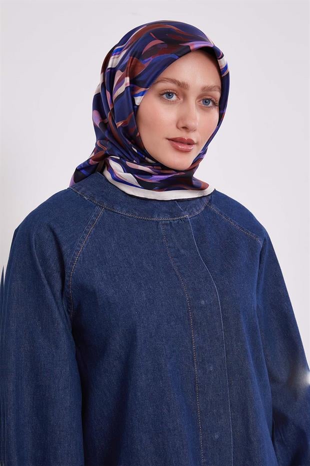 Mor Ebruli Desen Twill İpek Eşarp