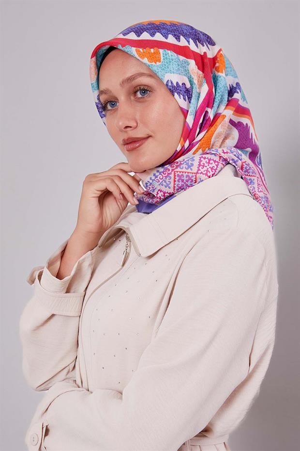 Mor Motif Desen Pamuk Eşarp