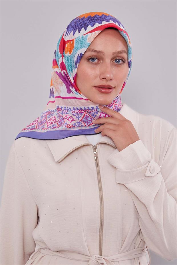Mor Motif Desen Pamuk Eşarp