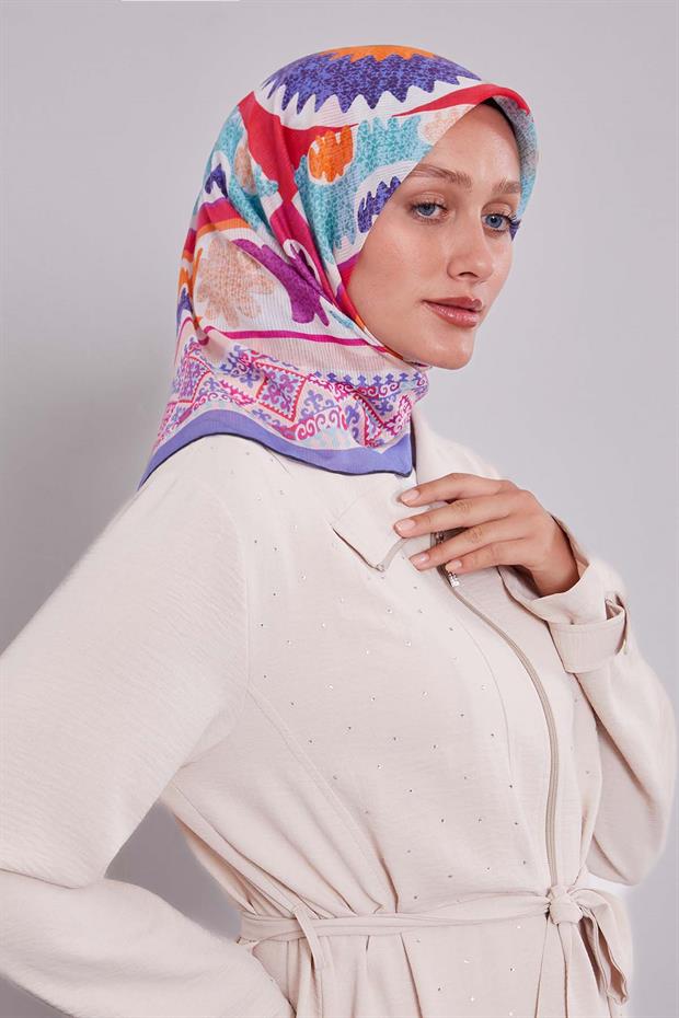 Mor Motif Desen Pamuk Eşarp