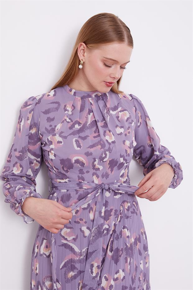 Mor Fırfır Kol Detaylı Elbise