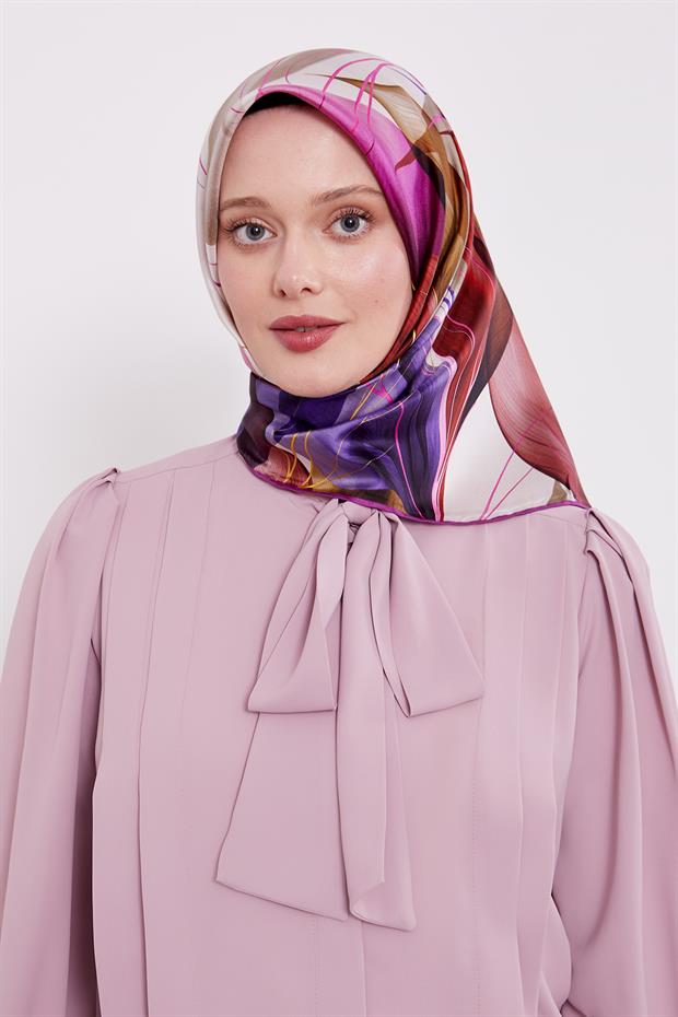 Mor İnce Yaprak Desen Twill İpek Eşarp