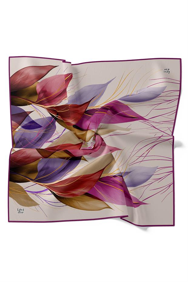 Mor İnce Yaprak Desen Twill İpek Eşarp