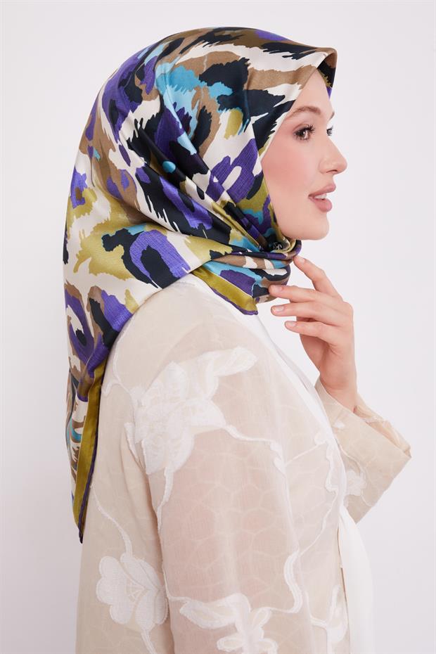 Mor Kamuflaj Desen Twill İpek Eşarp