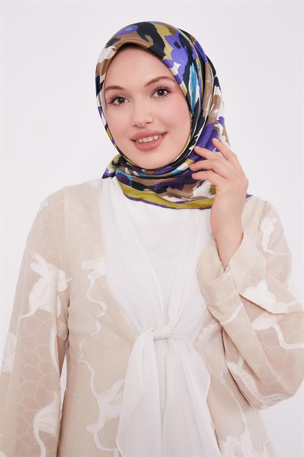 Mor Kamuflaj Desen Twill İpek Eşarp