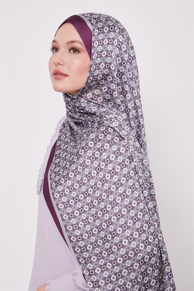 Mor Kare Desen Hint İpeği Şal