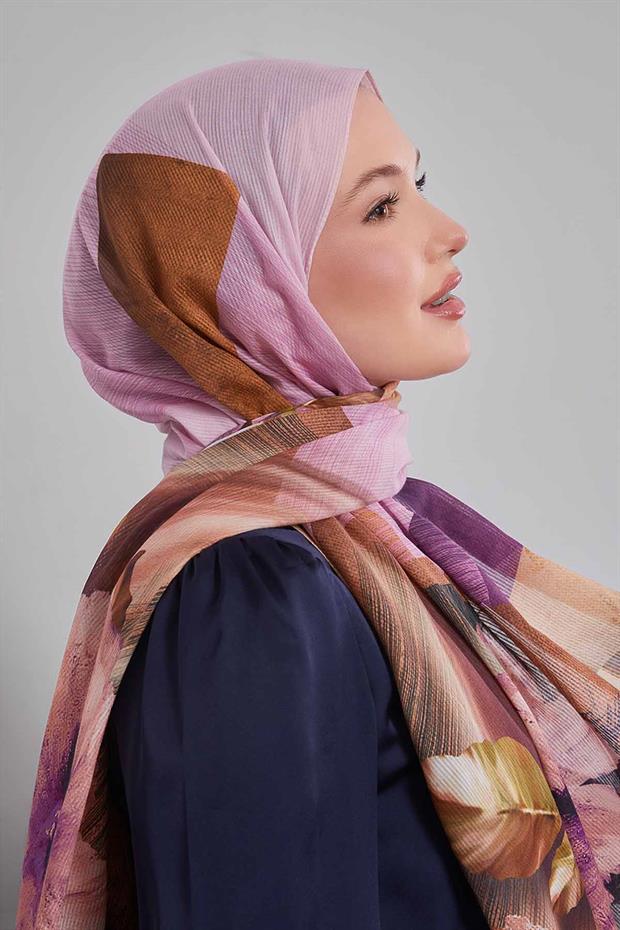 Mor Karışık Çiçek Desen Pamuk Şal