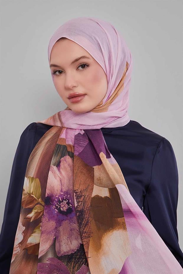 Mor Karışık Çiçek Desen Pamuk Şal