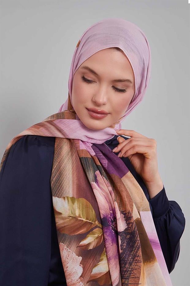 Mor Karışık Çiçek Desen Pamuk Şal