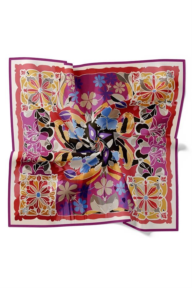 Mor Karışık Çiçek Desen Twill İpek Eşarp