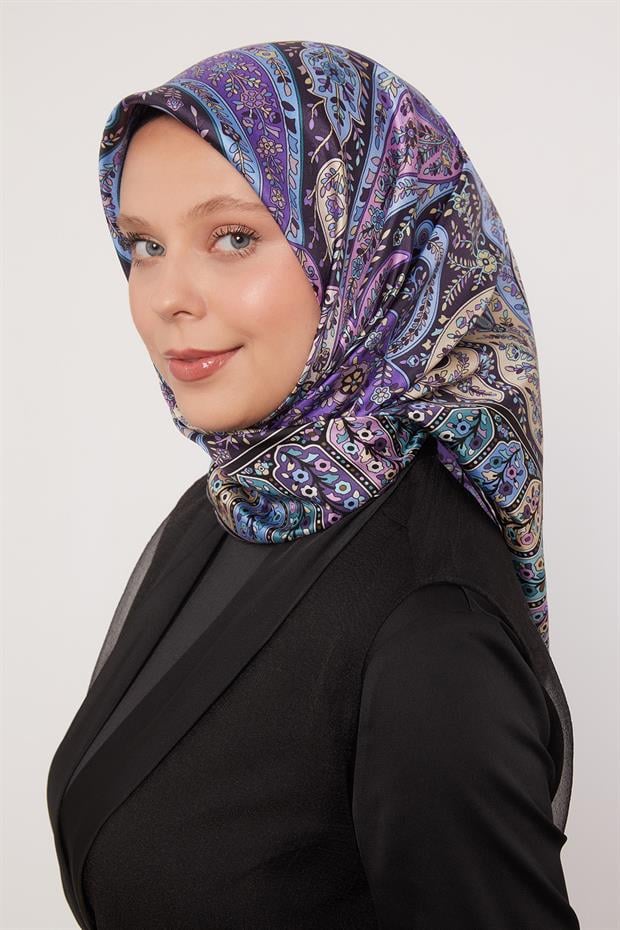 Mor Karışık Hint Desen Twill İpek Eşarp