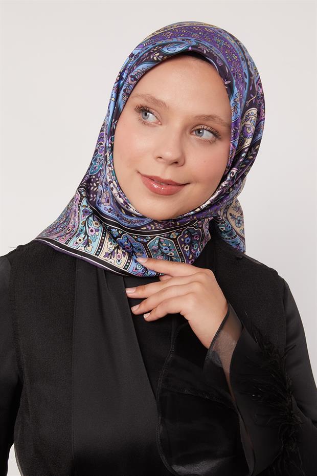 Mor Karışık Hint Desen Twill İpek Eşarp