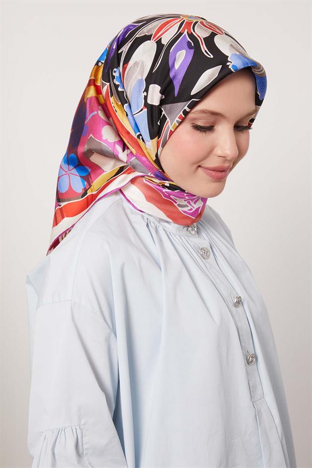 Mor Karışık Çiçek Desen Twill İpek Eşarp
