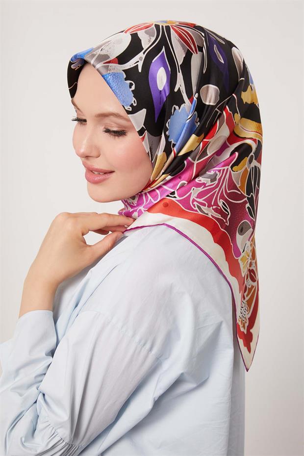 Mor Karışık Çiçek Desen Twill İpek Eşarp