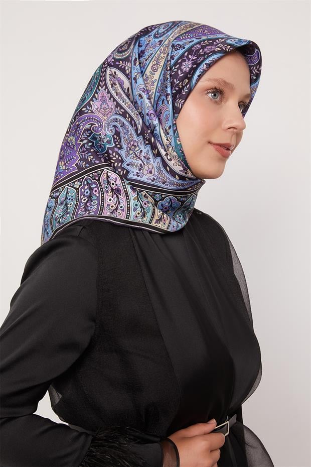 Mor Karışık Hint Desen Twill İpek Eşarp