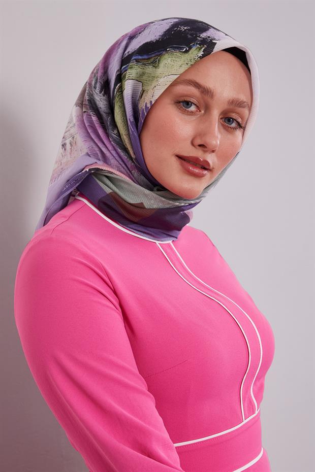 Mor Karışık Desen Pamuk Eşarp