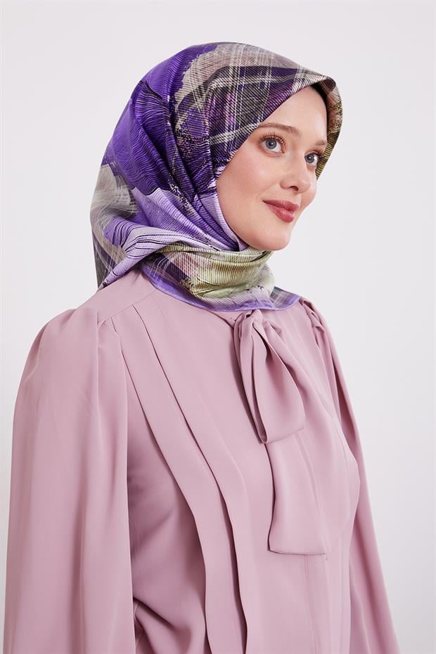 Mor İnce Çizgi Desen Twill İpek Eşarp