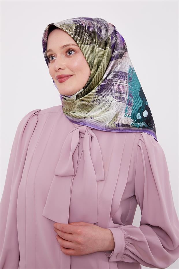 Mor İnce Çizgi Desen Twill İpek Eşarp