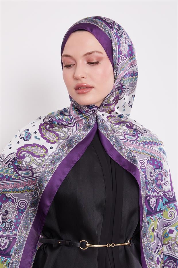 Mor Karışık Desenal Hint İpeği Şal