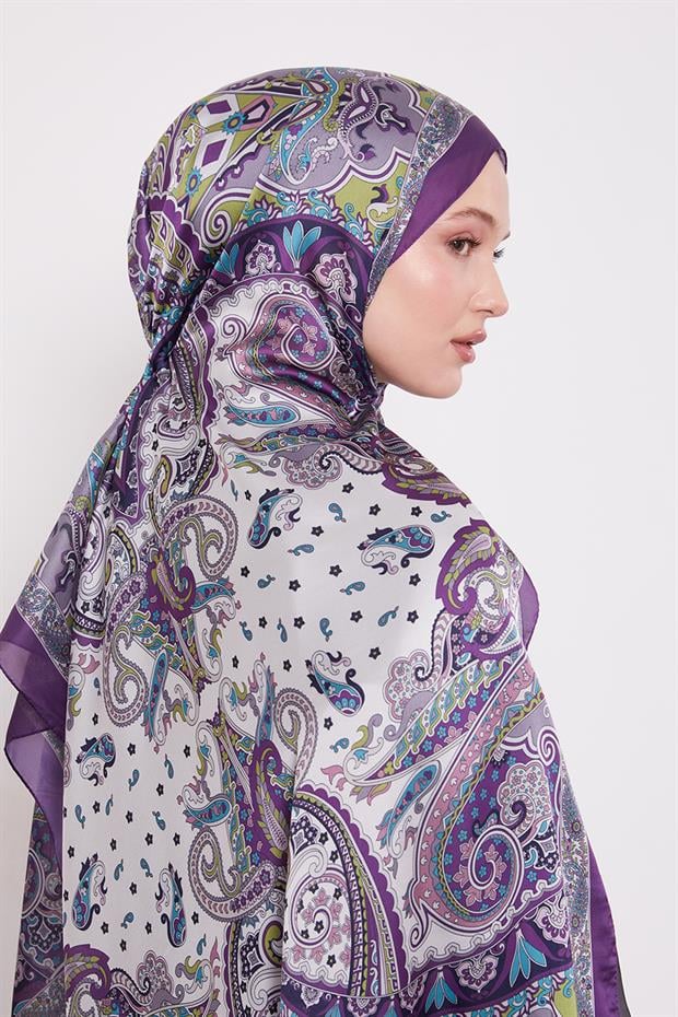 Mor Karışık Desenal Hint İpeği Şal