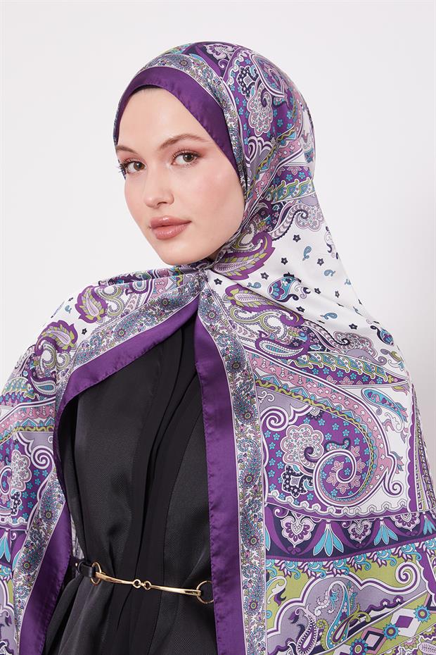 Mor Karışık Desenal Hint İpeği Şal