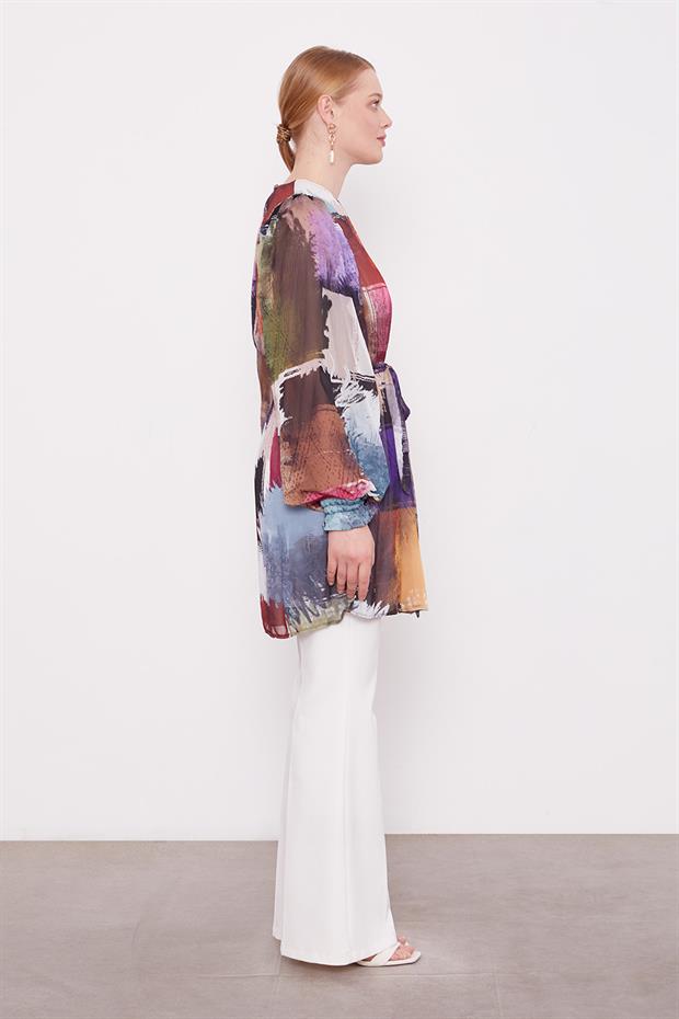 Mor Karışık Fırça Desen Şifon Tunik