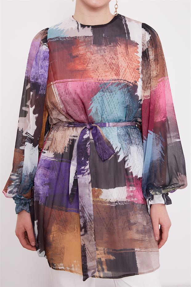 Mor Karışık Fırça Desen Şifon Tunik