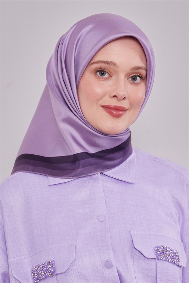 Mor Kenar Bordürlü Twill İpek Eşarp