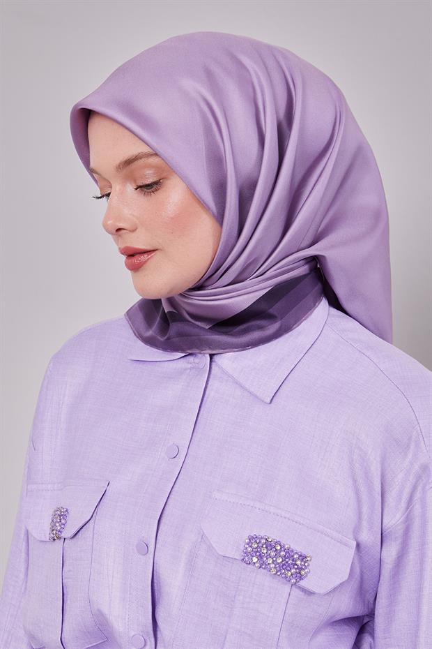 Mor Kenar Bordürlü Twill İpek Eşarp