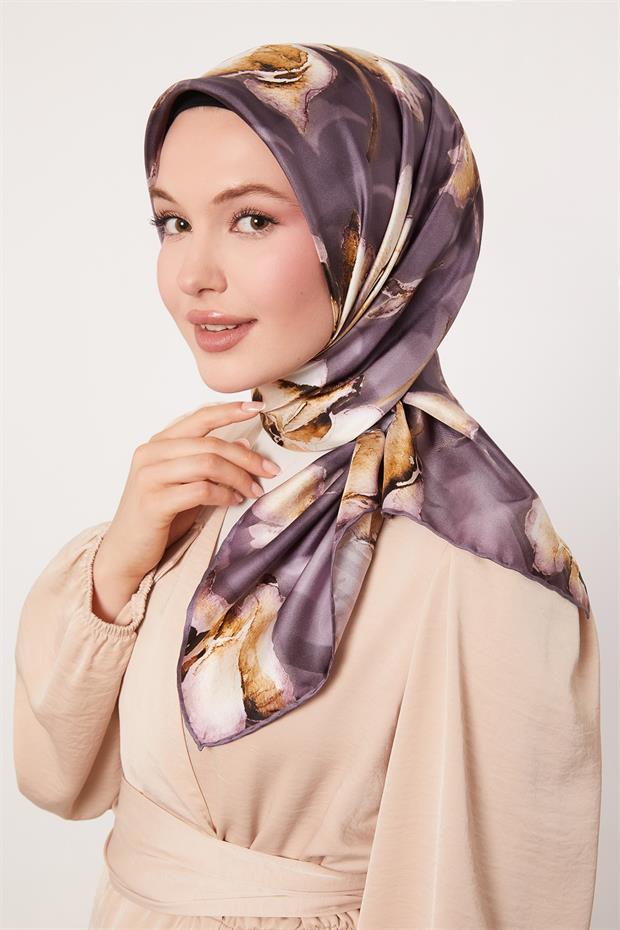 Mor Lotus Çiçek Twill İpek Eşarp