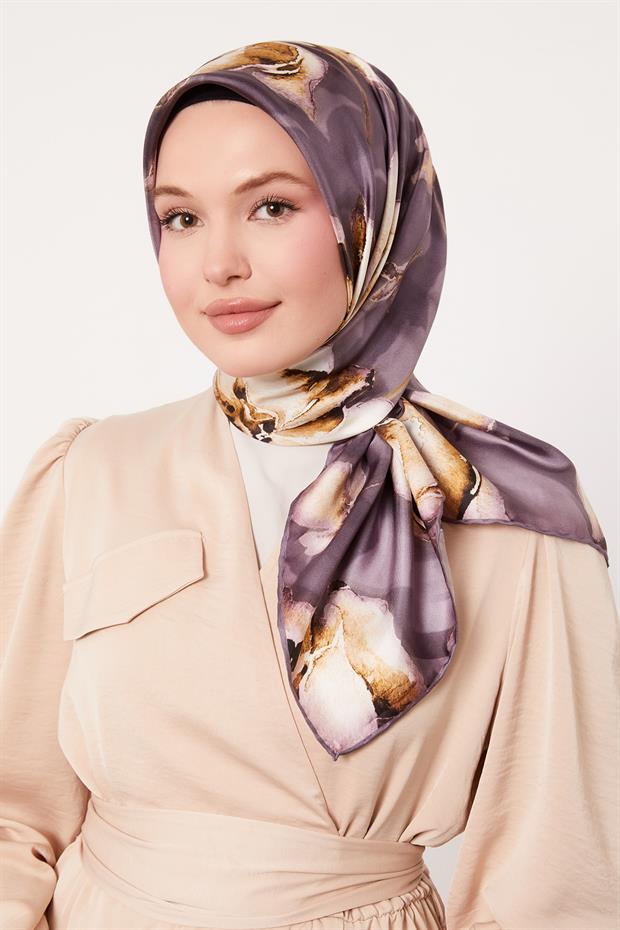 Mor Lotus Çiçek Twill İpek Eşarp