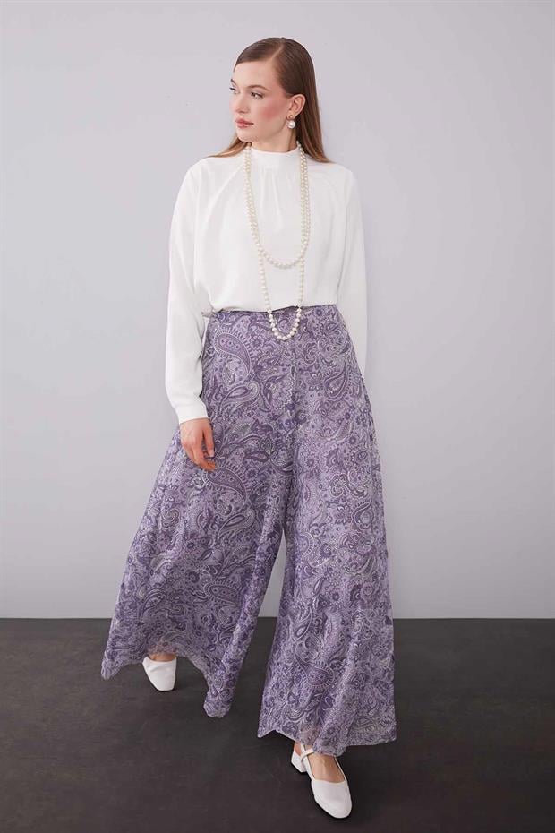 Mor Motif Desenli Şifon Pantolon