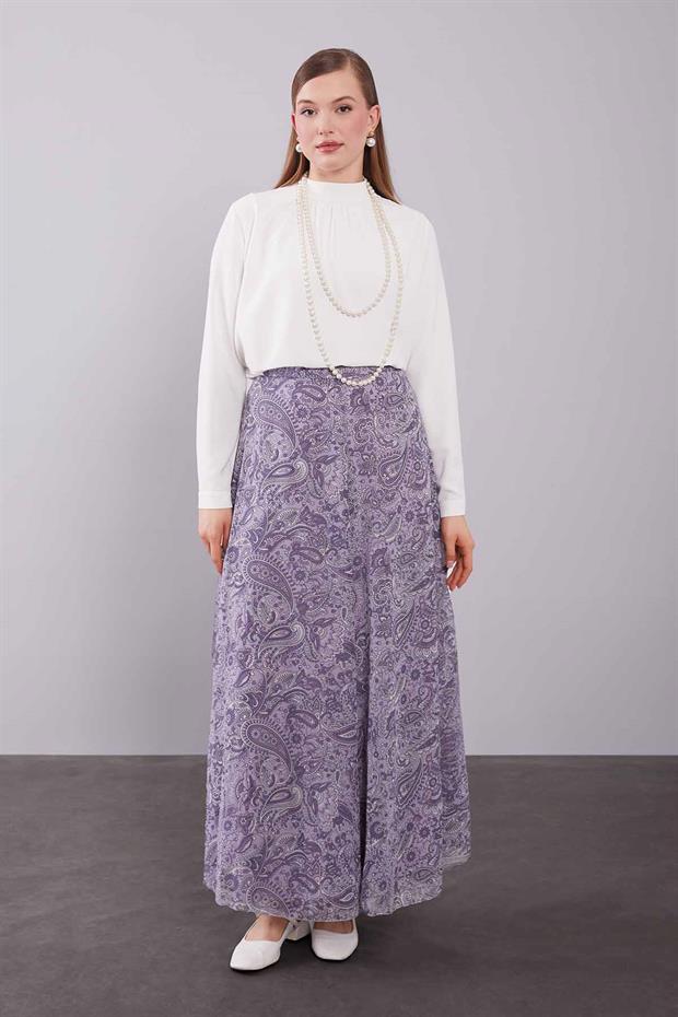 Mor Motif Desenli Şifon Pantolon
