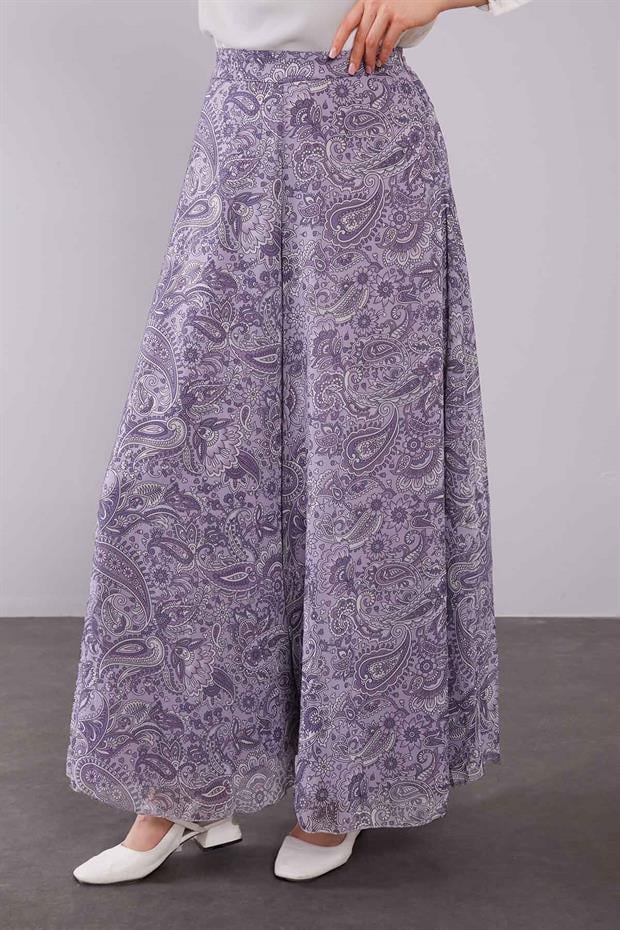 Mor Motif Desenli Şifon Pantolon