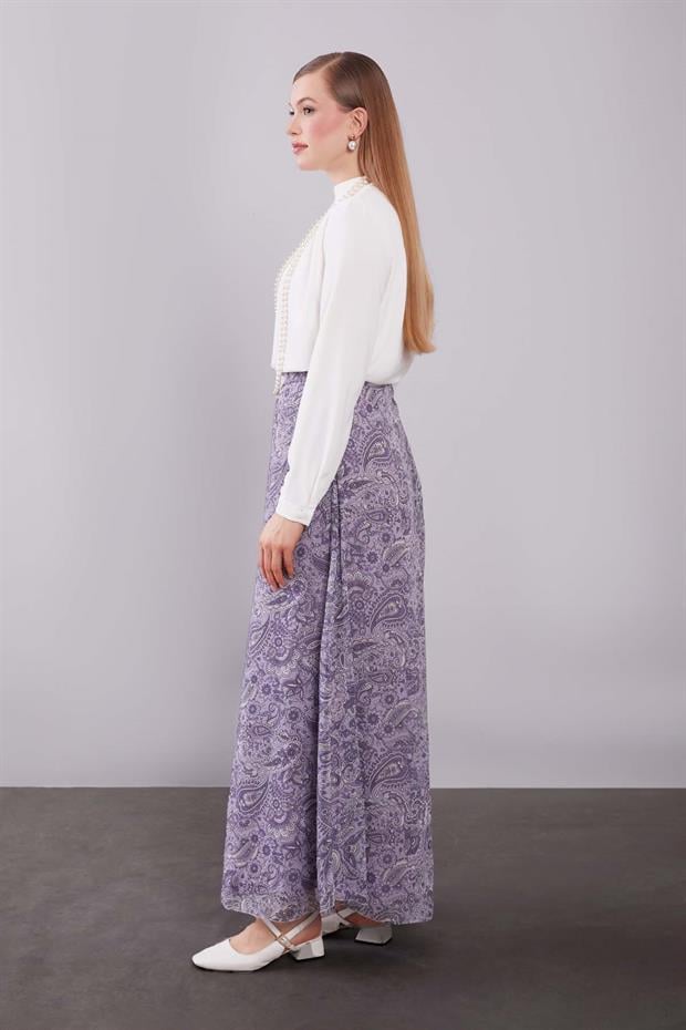 Mor Motif Desenli Şifon Pantolon