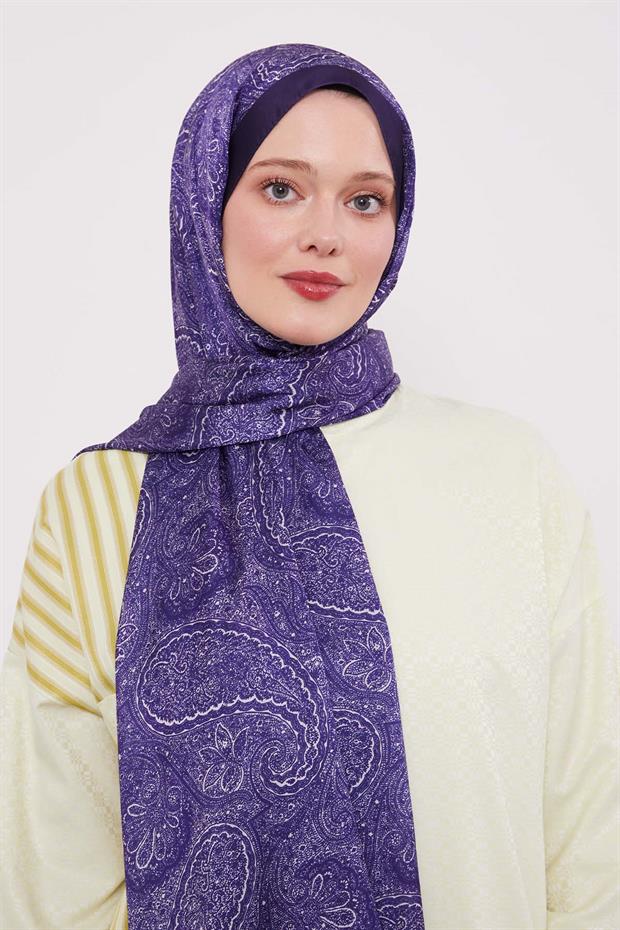 Mor Otantik Desen Hint İpeği Şal