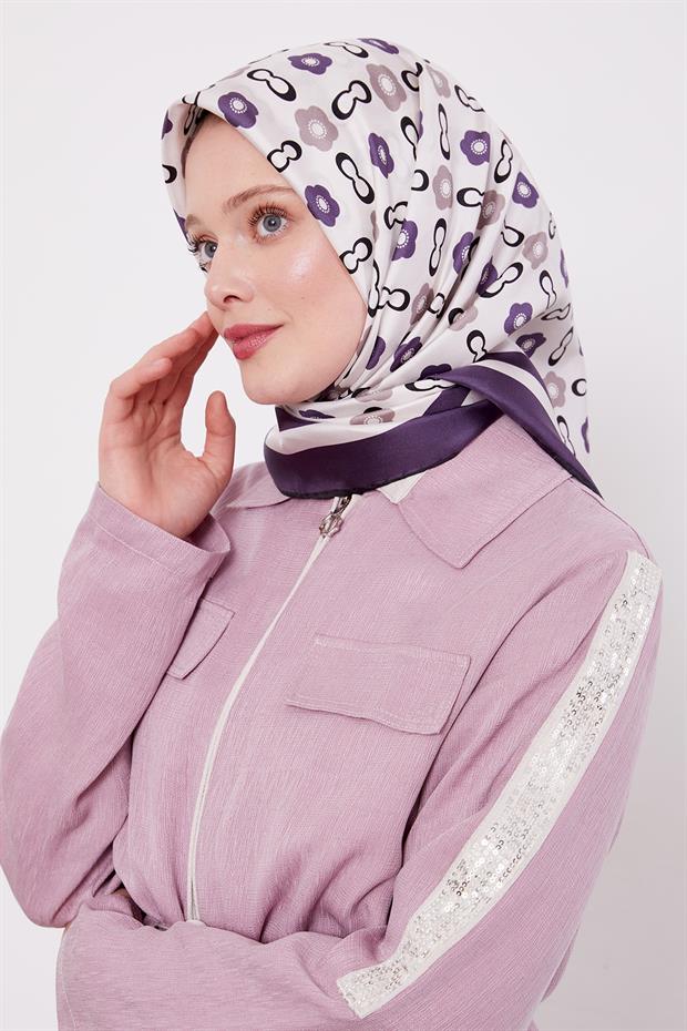 Mor Papatya Desen Twill İpek Eşarp