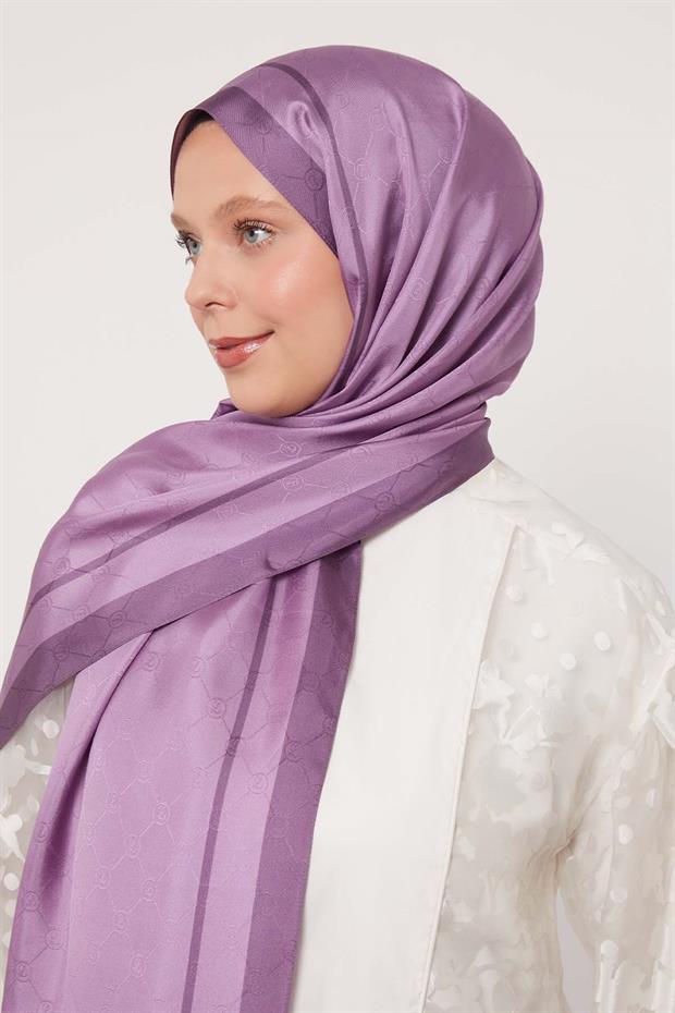 Mor Şerit Detay Monogram İpek Şal