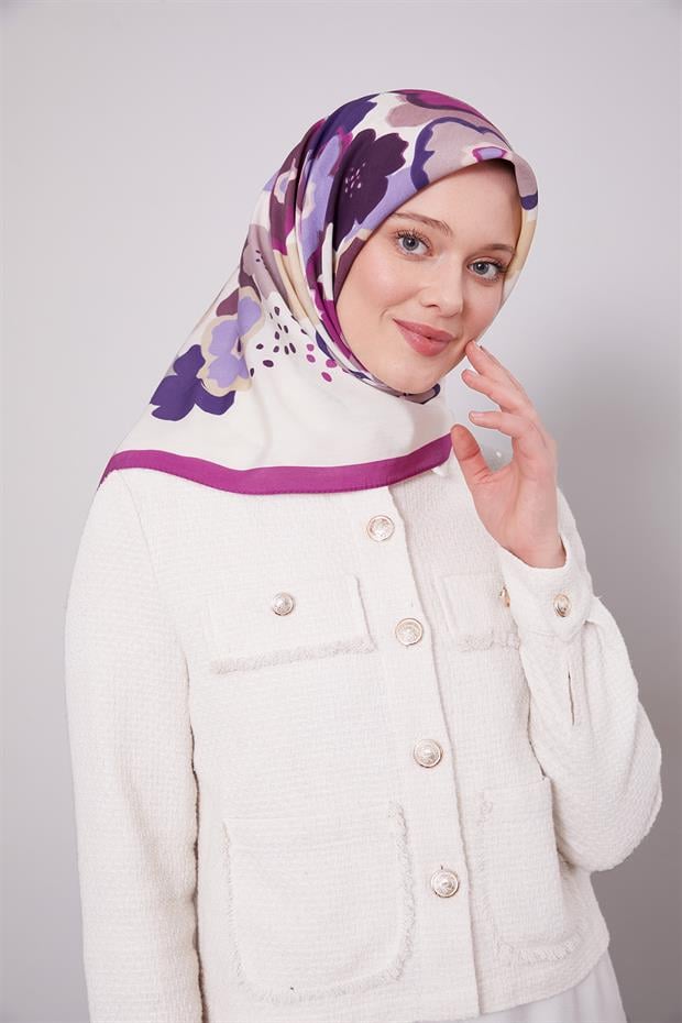 Mor Soyut Çiçek Desen Aura Eşarp