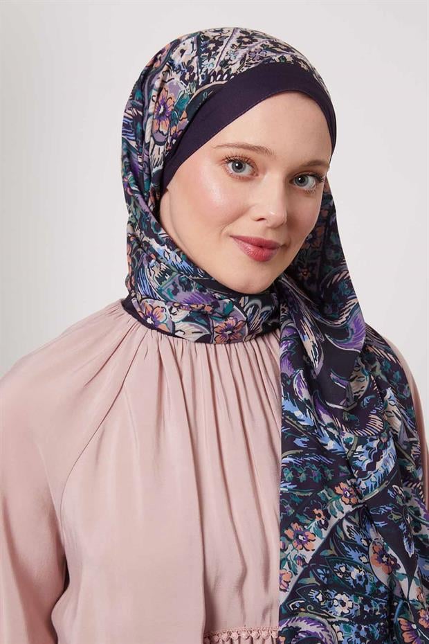 Mor Soyut Çiçek Desen Love Şal