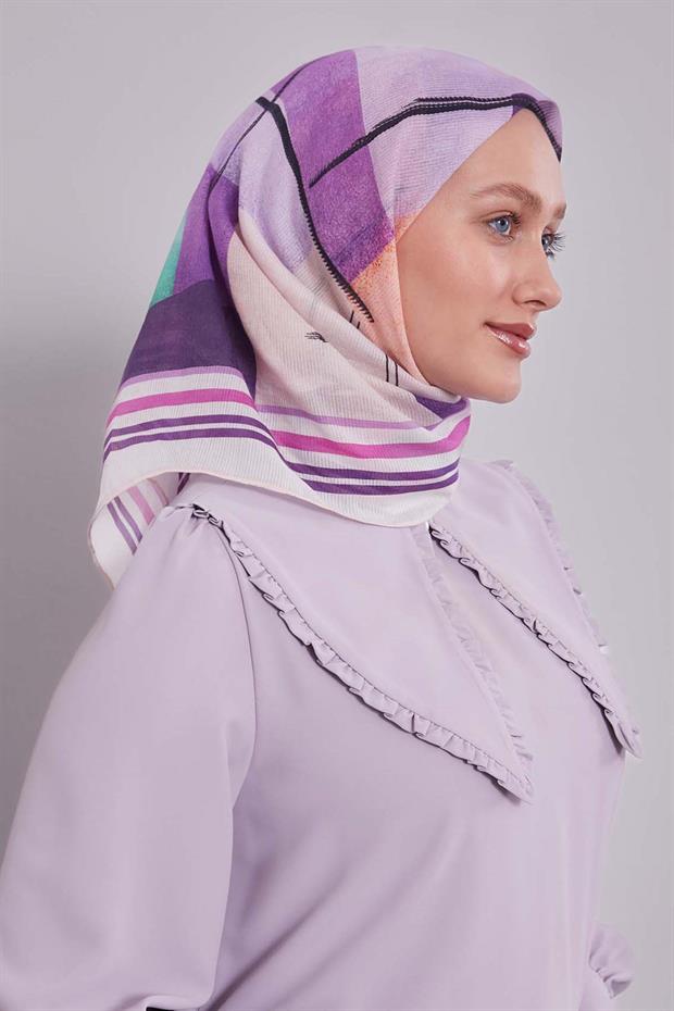 Mor Soyut Desen Pamuk Eşarp