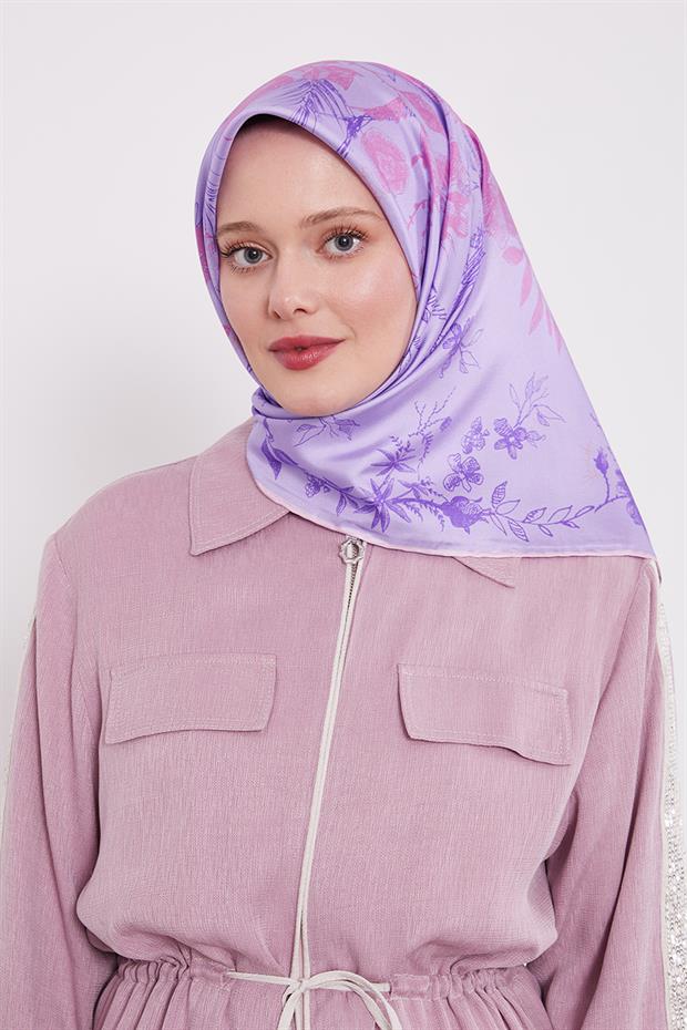 Mor Soyut Gül Desen Twill İpek Eşarp