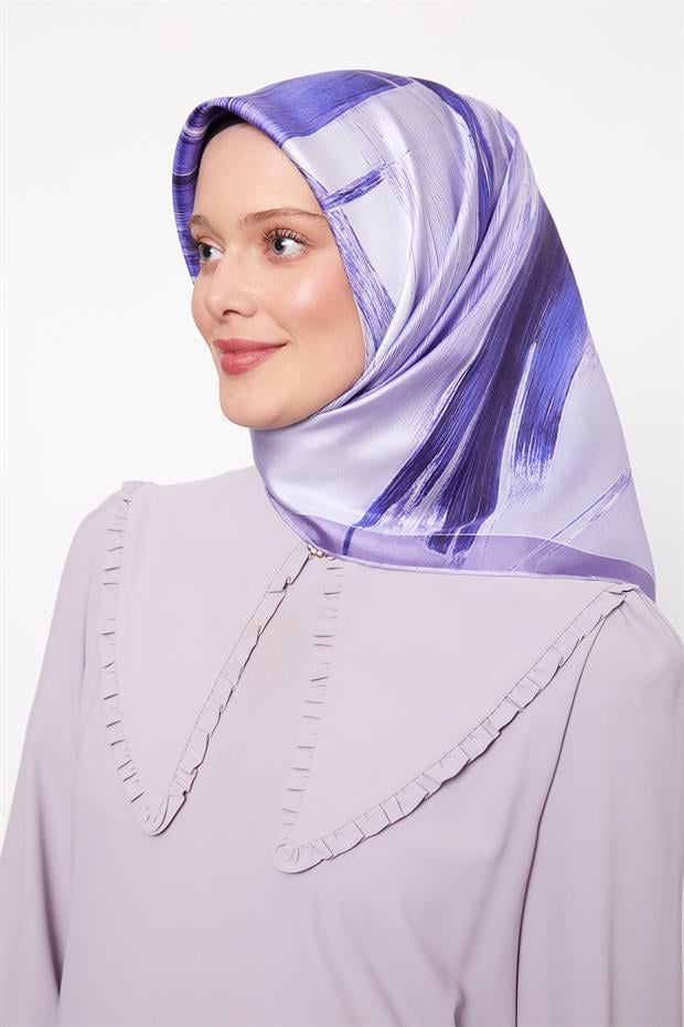Mor Soyut Kristal Desen Twill İpek Eşarp