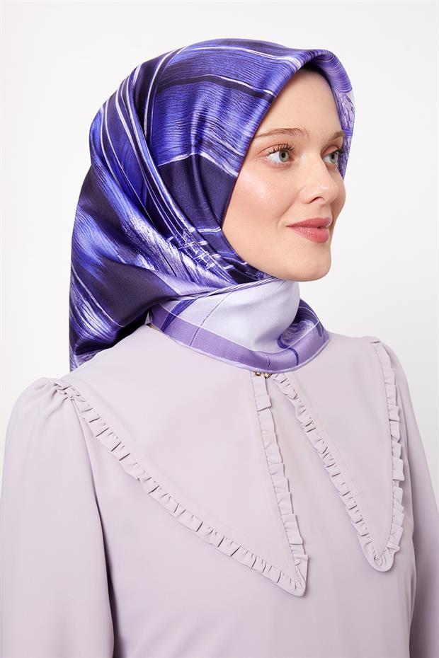Mor Soyut Kristal Desen Twill İpek Eşarp