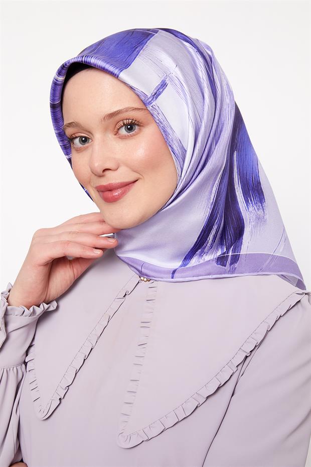 Mor Soyut Kristal Desen Twill İpek Eşarp