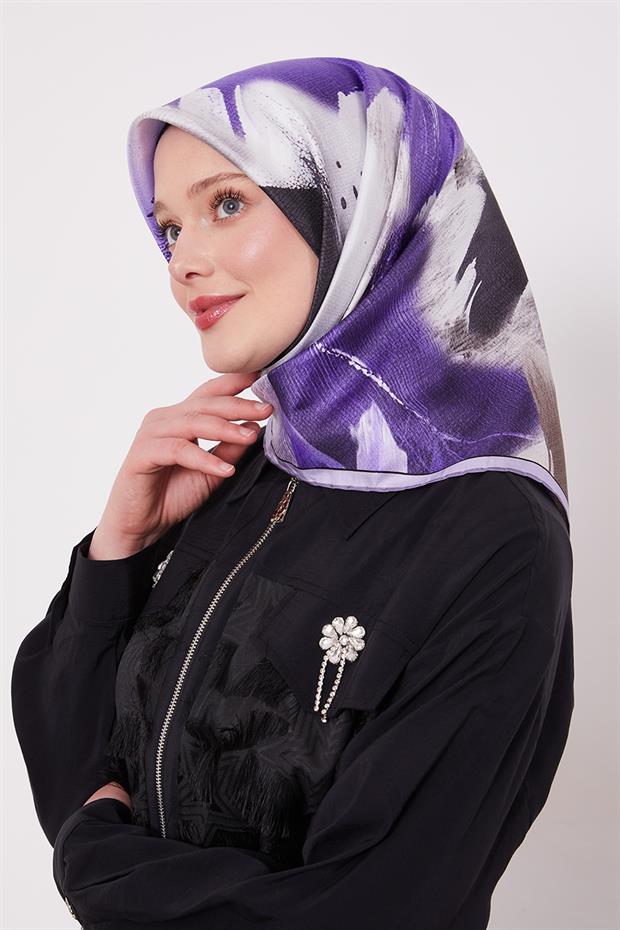Mor Yansıma Yaprak Desen Twill İpek Eşarp