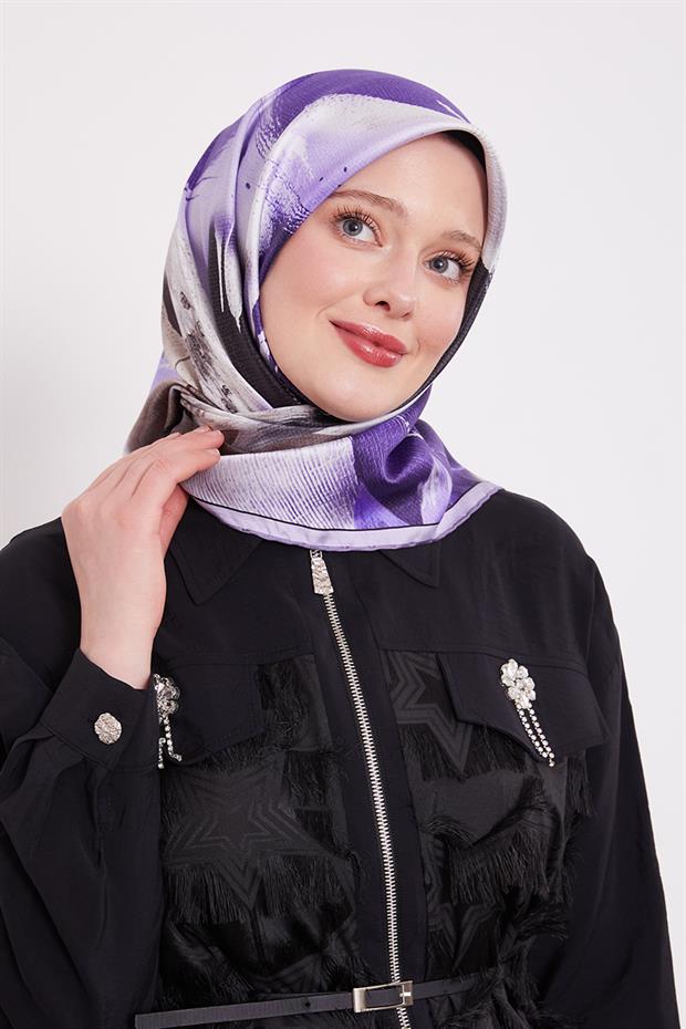 Mor Yansıma Yaprak Desen Twill İpek Eşarp