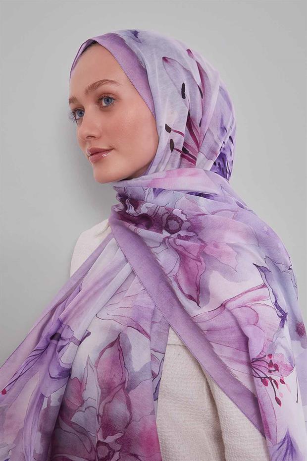 Mor Zambak Baskılı Sport Şal